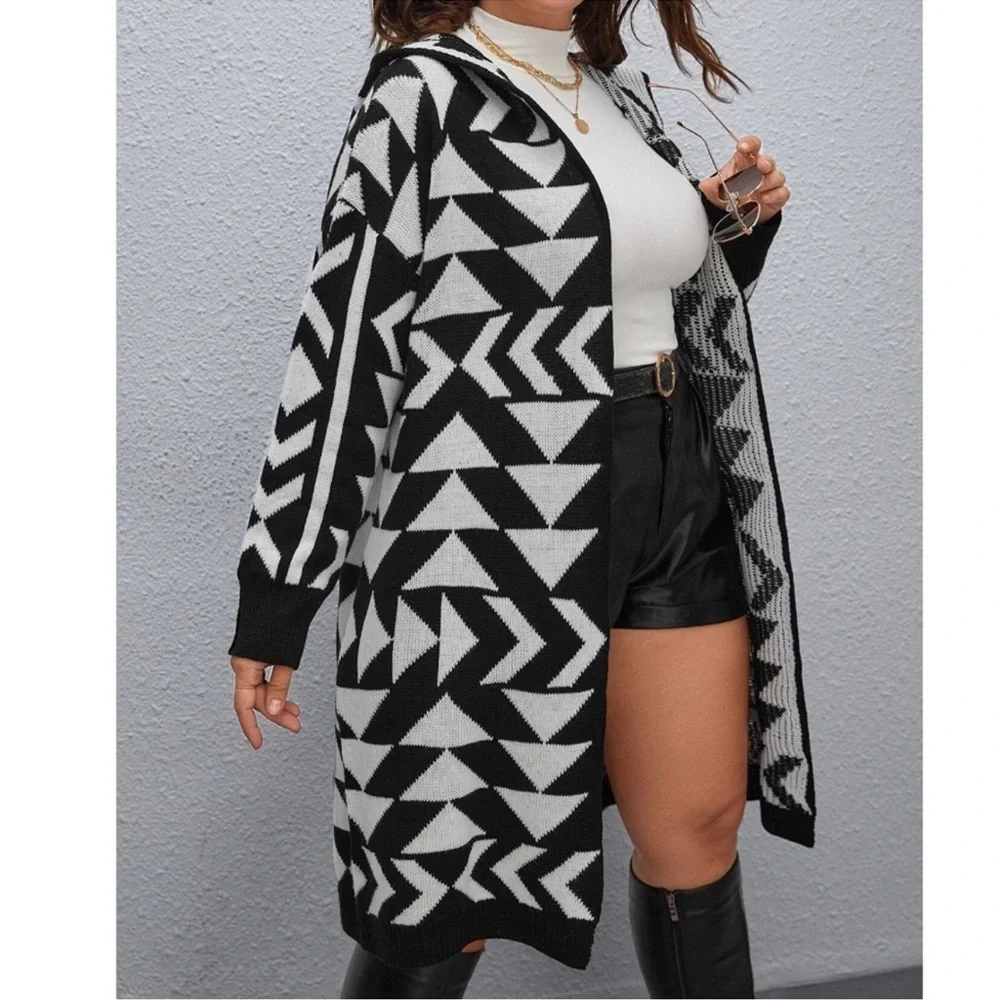 Plus Geo Print Open Front Hoodie Cardigan 1X 2X 3X - Picture 3 of 3